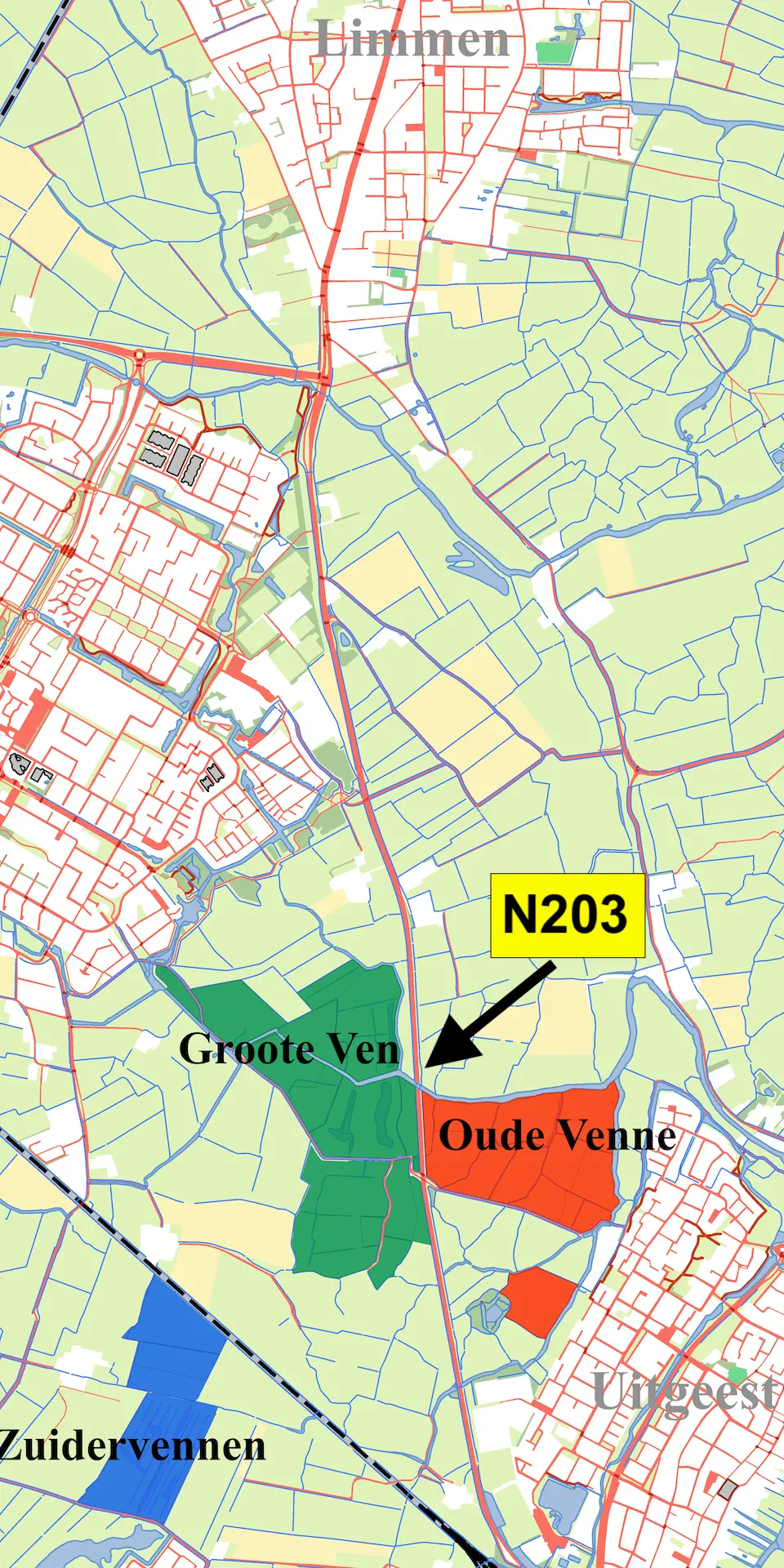 Geografische kaart van de N203 tussen Limmen en UItgeest door de natuurgebieden Grote Ven en Oude Venne.  De natuur en veiligheid zijn in het geding.