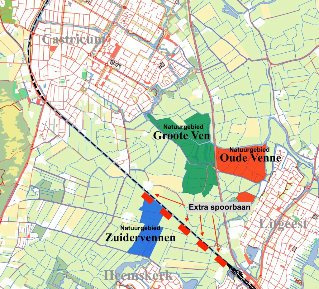 Kaartje van de spoorlijn Uitgeest-Castricum met het overbodige goederenspoor ingetekend die de natuur bedreigt.