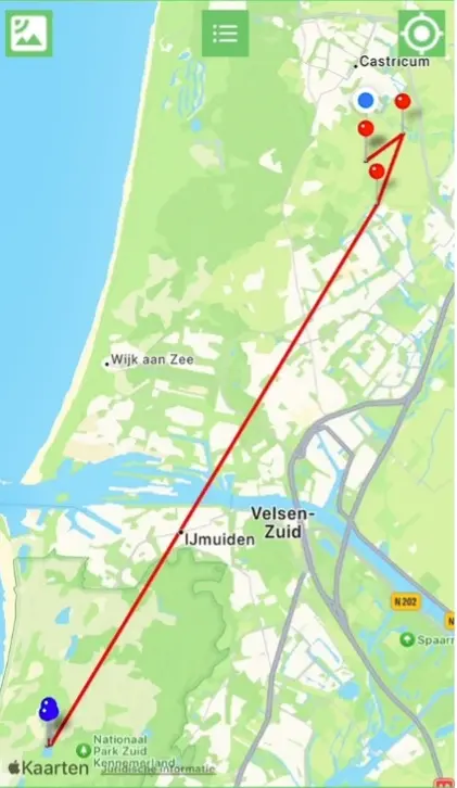 Kaartje: Afgelopen maand zijn de ganzen met de nummers: HD18, HD19, HA44, H046 en H017 in de polders rondom Castricum gezien