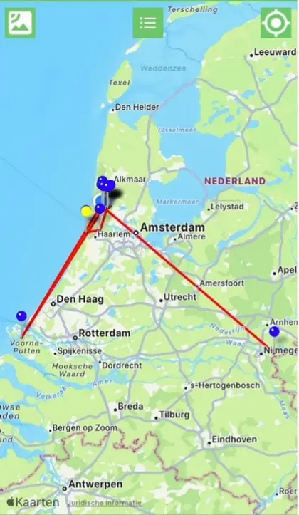 Kaartje: Afgelopen maand zijn de ganzen met de nummers: HD18, HD19, HA44, H046 en H017 in de polders rondom Castricum gezien