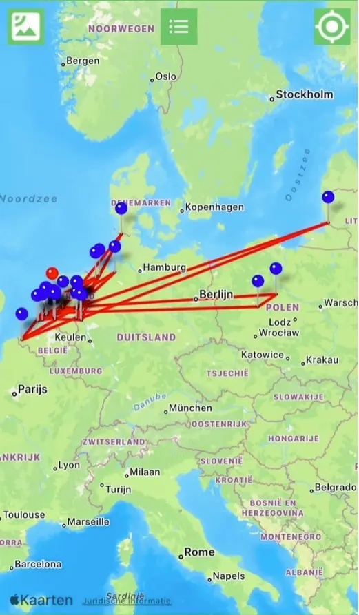 Kaartje: Afgelopen maand zijn de ganzen met de nummers: HD18, HD19, HA44, H046 en H017 in de polders rondom Castricum gezien