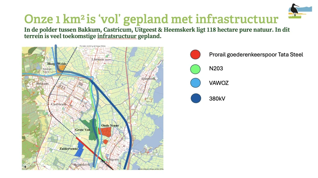 Geografische kaart met ingetekend alle bedreigingen voor de natuur van De Hooge Weide.